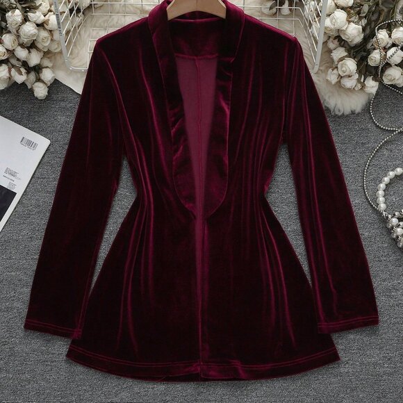 Burgundy Elegant Women's Velvet Jacket - Picture 3 of 6